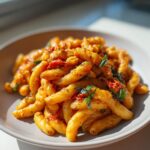 A plate of Creamy Tomato Basil Pasta, featuring pasta coated in a rich tomato sauce and fresh basil.