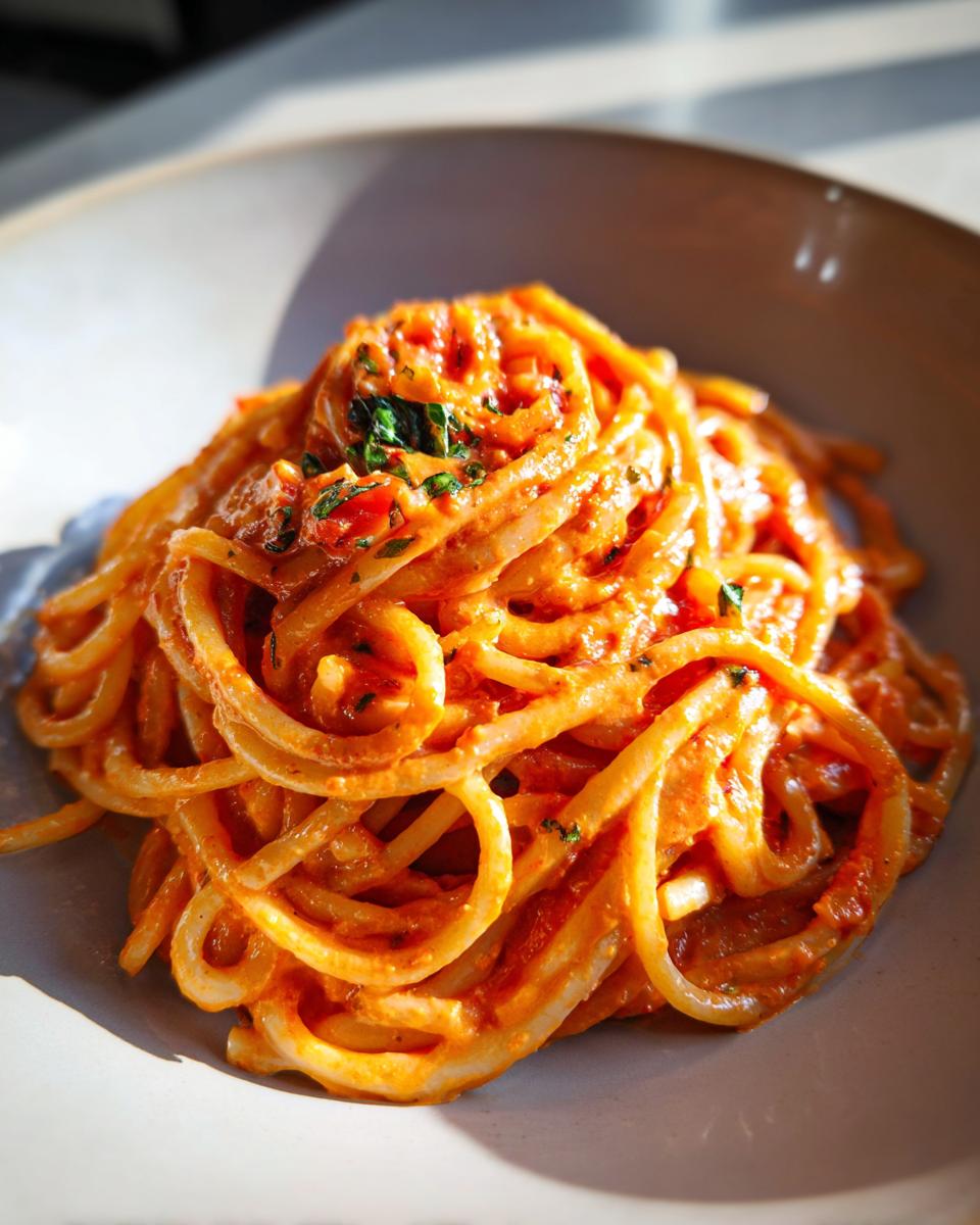 A plate of Creamy Tomato Basil Pasta, featuring thick noodles coated in a rich, red sauce and garnished with fresh basil.