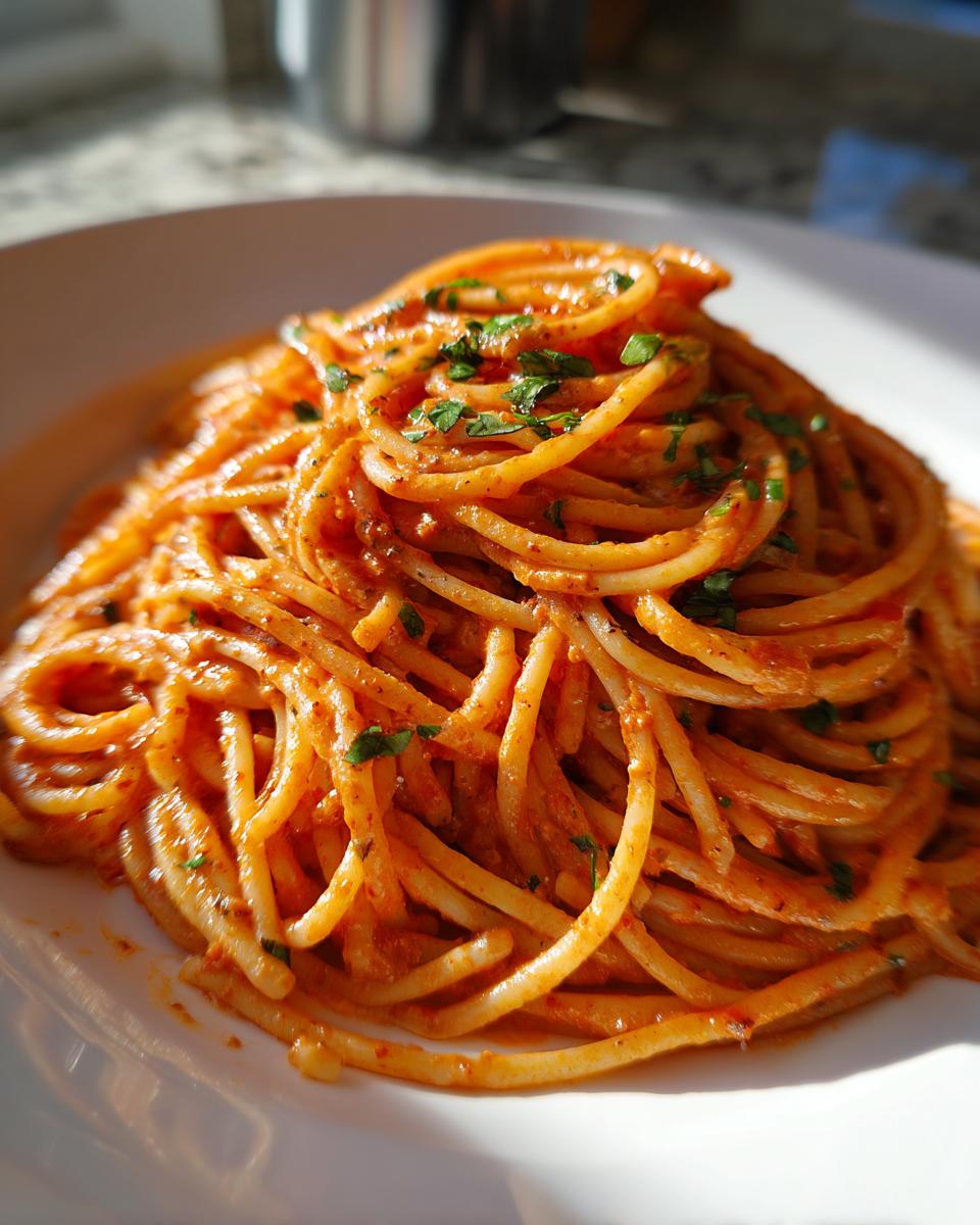 A serving of Creamy Tomato Basil Pasta, garnished with fresh basil, on a white plate.