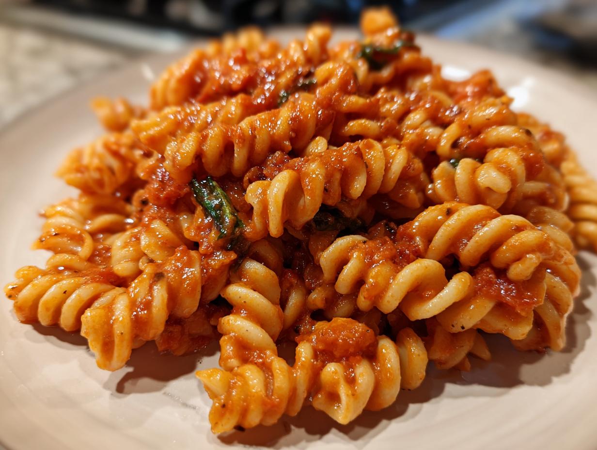 Close-up of Creamy Tomato Basil Pasta featuring rotini noodles and fresh basil on a plate.