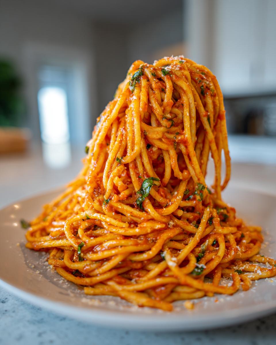 A tall serving of Creamy Tomato Basil Pasta, garnished with fresh basil and parmesan cheese on a plate.