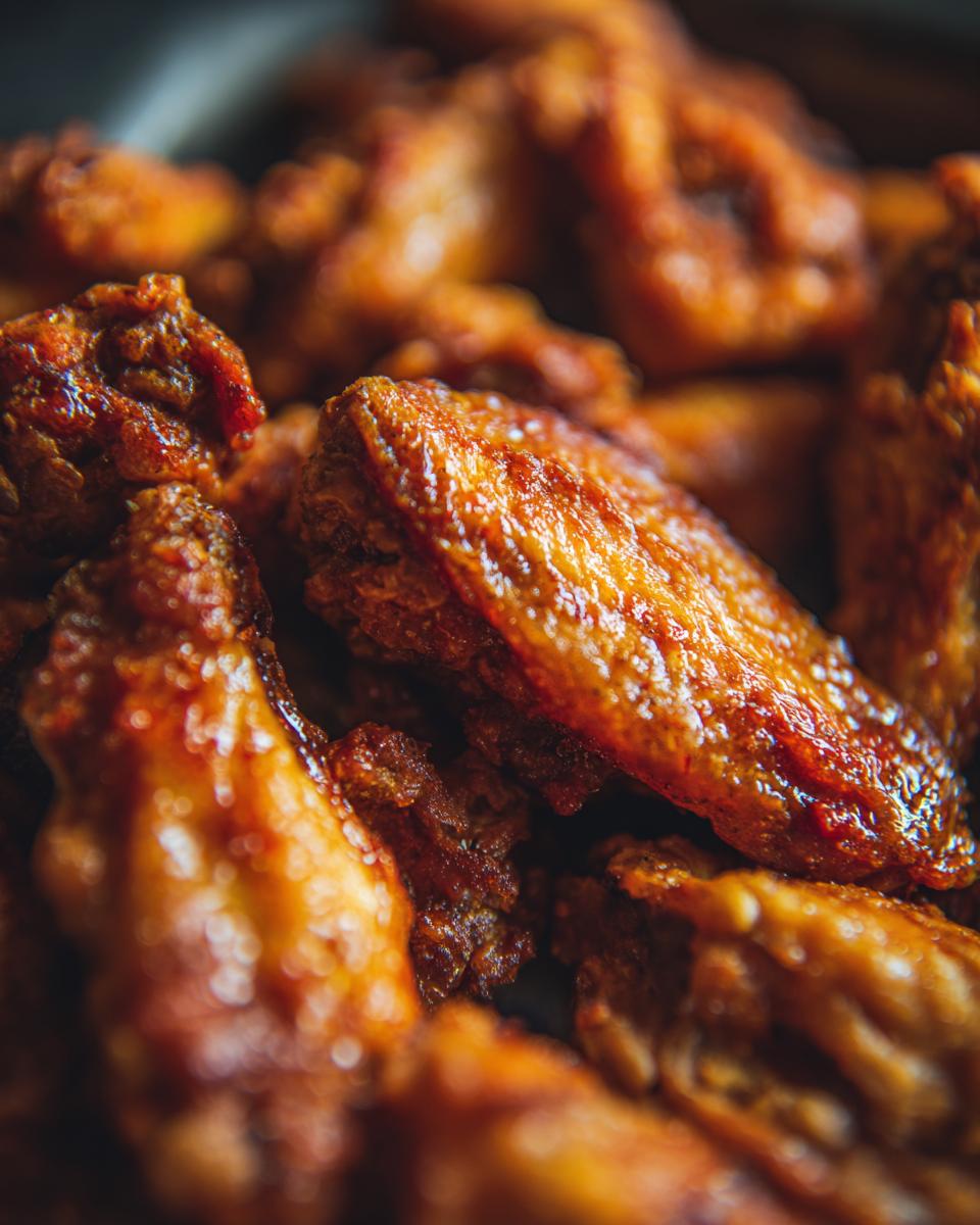 Close-up of crispy, glazed chicken wings, ideal for Protein-Packed Lunch Boxes.