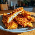 A plate of golden Crispy Oven-Baked Chicken Tenders, one broken to show the juicy chicken inside.