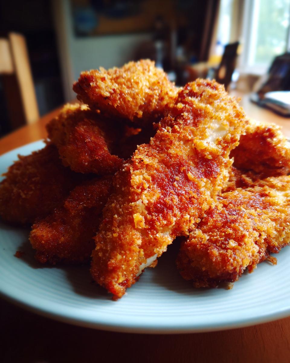 A stack of golden brown Crispy Oven-Baked Chicken Tenders on a light blue plate, ready to be enjoyed.