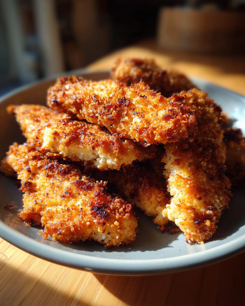 A plate of golden Crispy Oven-Baked Chicken Tenders, showcasing their crispy texture and appetizing color.