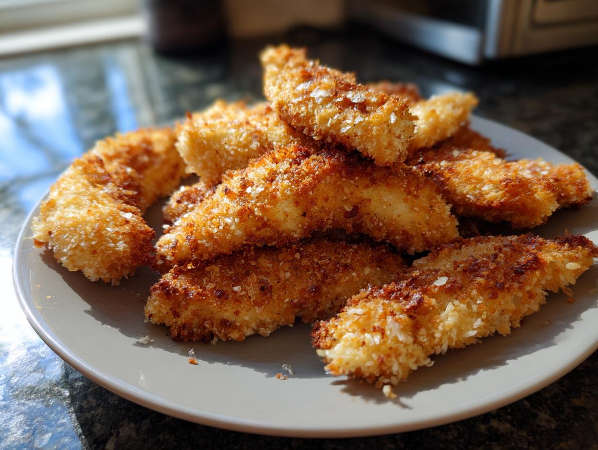 A plate of golden brown, Crispy Oven-Baked Chicken Tenders, ready to be served.
