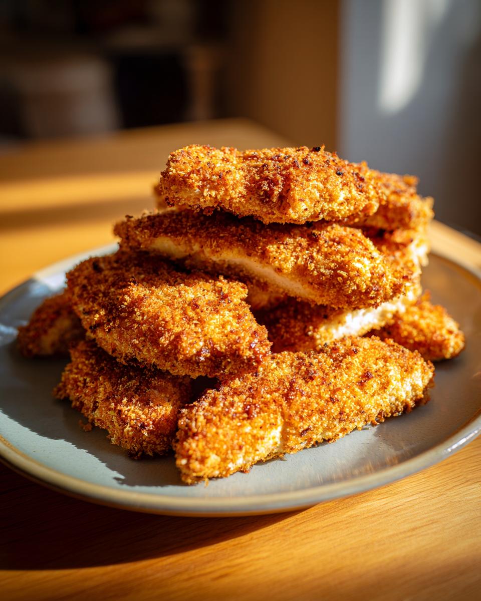 A stack of golden brown Crispy Oven-Baked Chicken Tenders on a plate, showing their crispy coating.