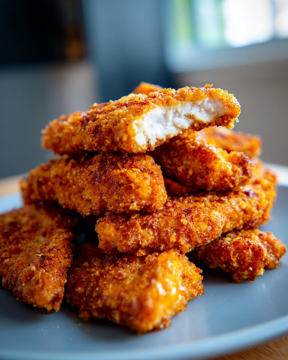 A stack of golden brown, Crispy Oven-Baked Chicken Tenders on a blue plate, one tender broken to show the white meat inside.