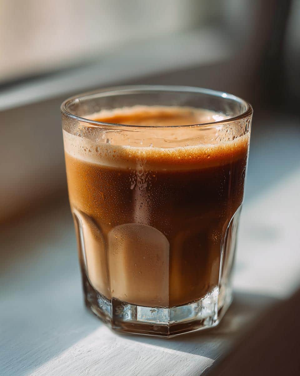 Close-up of a glass filled with DIY Irish Cream for Coffee, showing the creamy texture and layered colors.