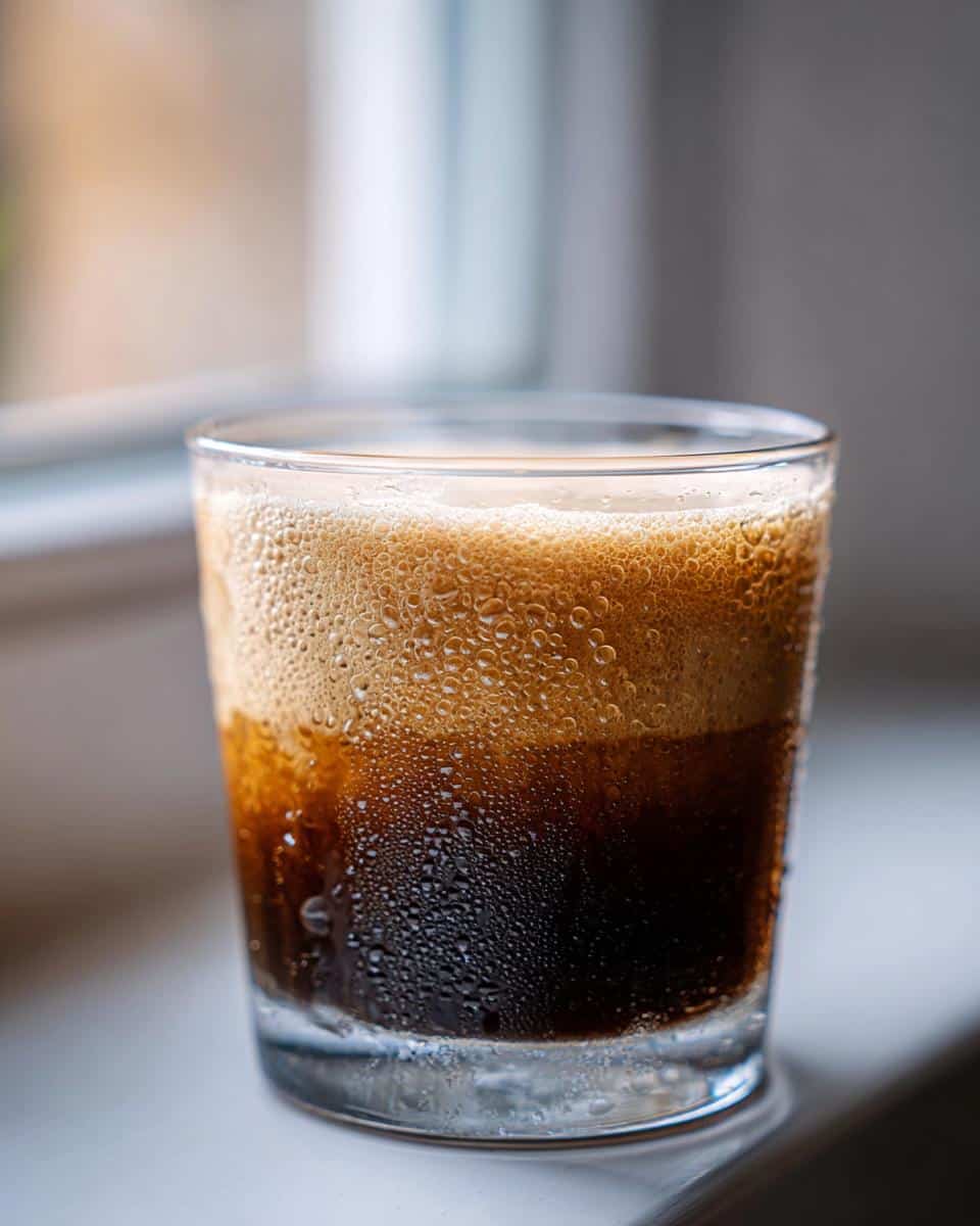 Close-up of a glass filled with DIY Irish Cream for Coffee, showing condensation and layered colors.