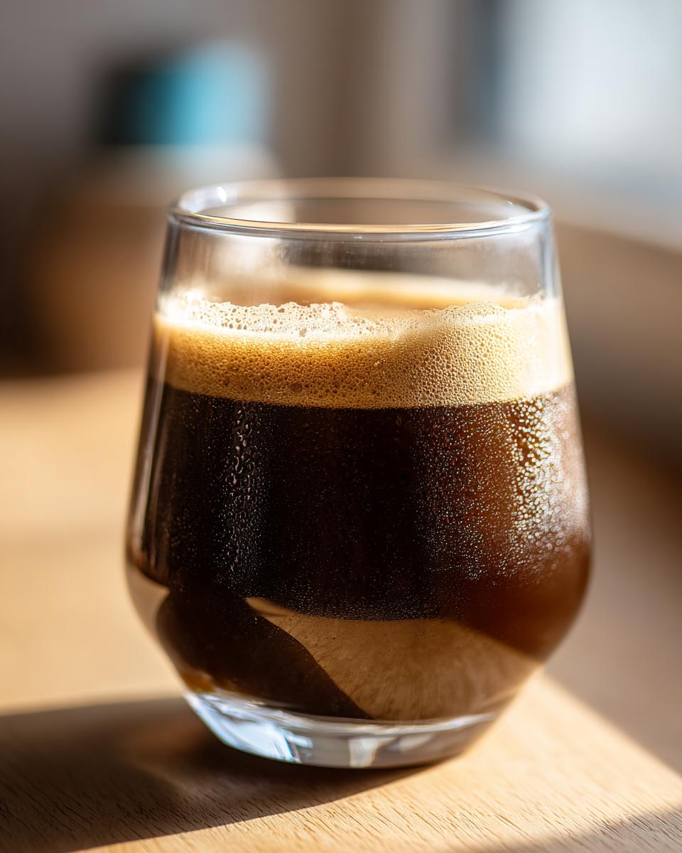 Close-up of a glass of DIY Irish Cream for Coffee, showing the rich, dark liquid and foamy top.