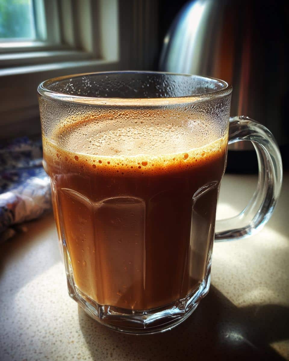 A glass mug filled with DIY Irish Cream for Coffee Lovers, showcasing its creamy texture and rich color.