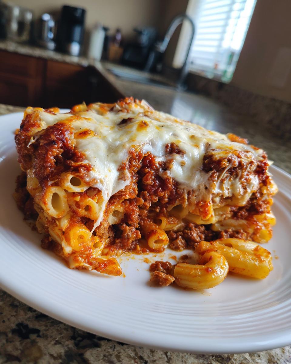 A delicious slice of Easy Baked Ziti with layers of pasta, meat sauce, and melted mozzarella cheese on a white plate.