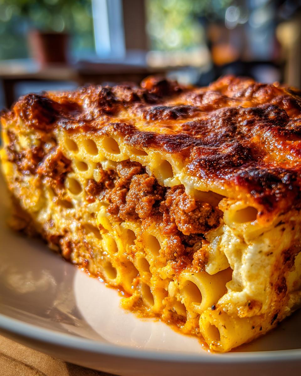 A close-up of a slice of Easy Baked Ziti, featuring layers of ziti pasta, meat sauce, and a golden, bubbly cheese topping.