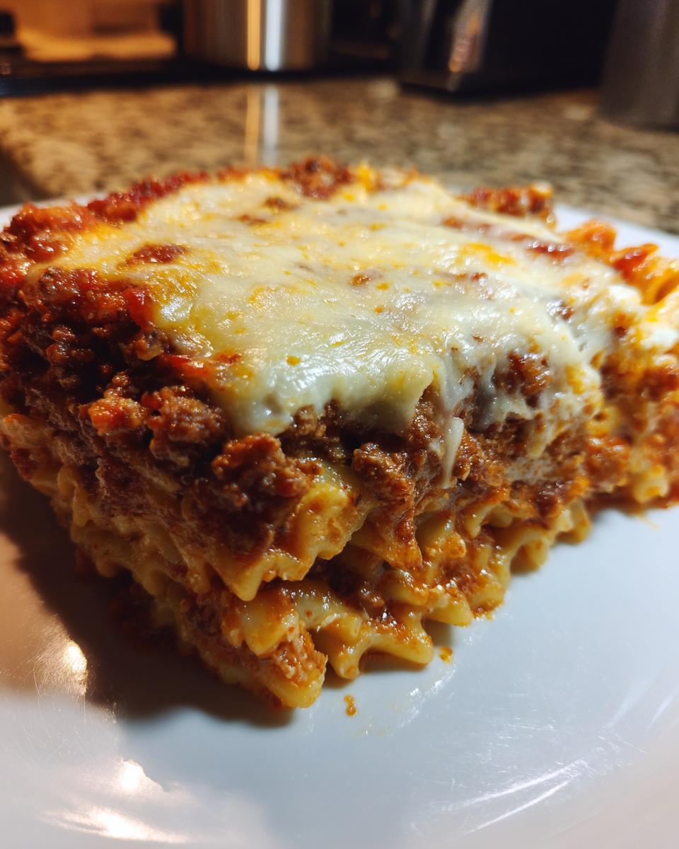 A close-up of a slice of Easy Baked Ziti, showcasing layers of pasta, meat sauce, and melted cheese.