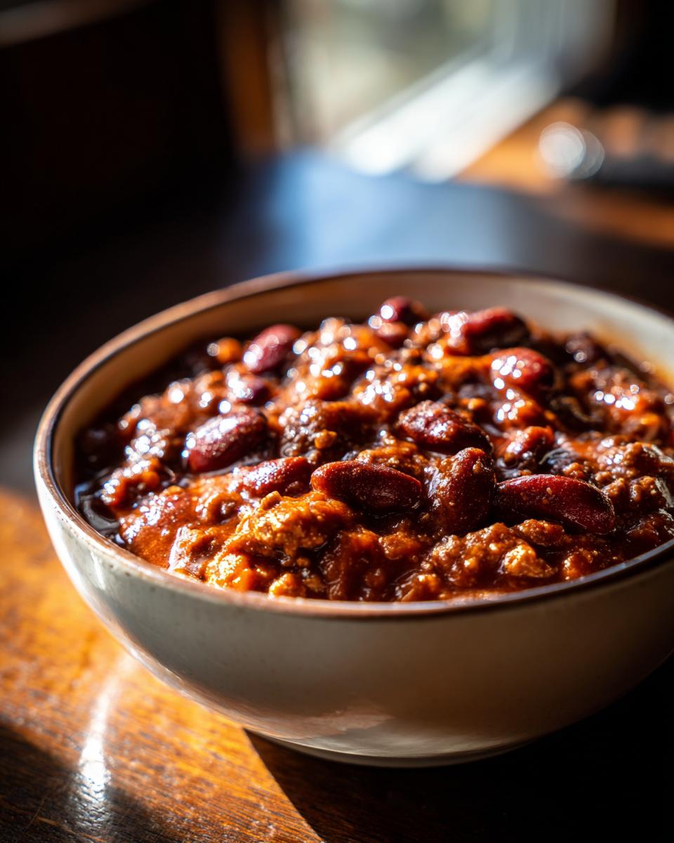 A bowl of hearty Easy Beef Chili, featuring ground beef and kidney beans in a rich, savory sauce.