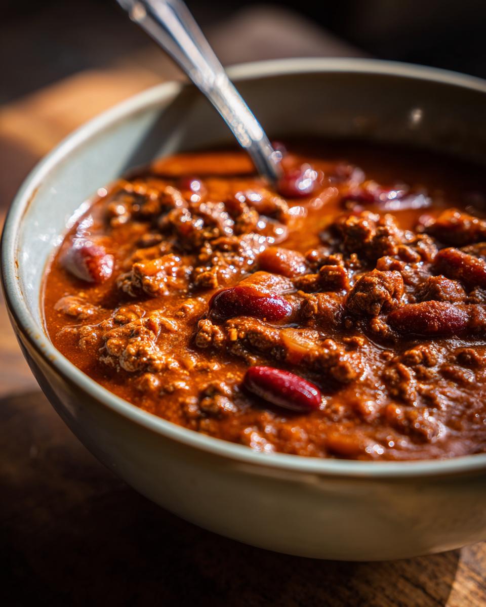 Close-up of a bowl of Easy Beef Chili with kidney beans and a spoon, ready to eat.