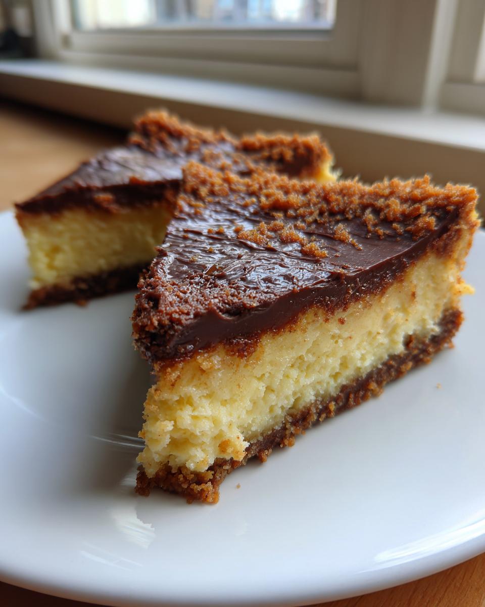 Two slices of Easy Cheesecake Bars with chocolate topping on a white plate, showcasing the creamy filling and crust.