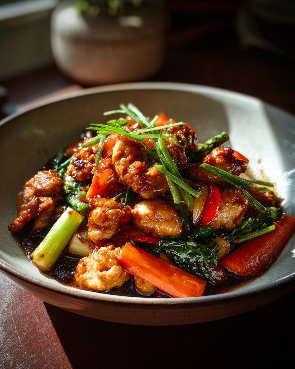 Bowl of Easy Chicken Stir Fry with Veggies, featuring chicken, carrots, peppers, and green onions.