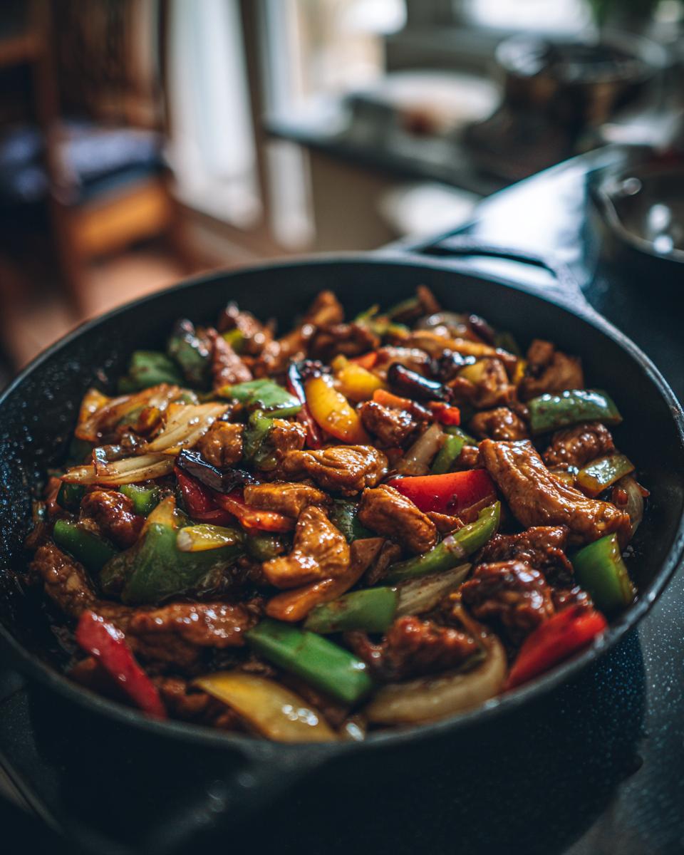 A pan filled with Easy Chicken Stir Fry with Veggies, featuring chicken, peppers, and onions.