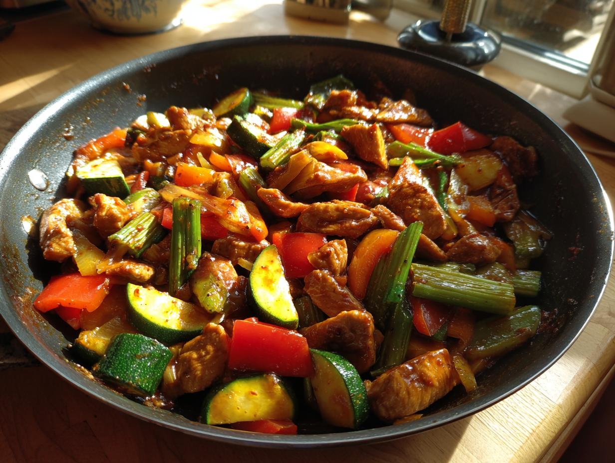 A pan filled with Easy Chicken Stir Fry with Veggies, featuring chicken, zucchini, peppers, and onions.