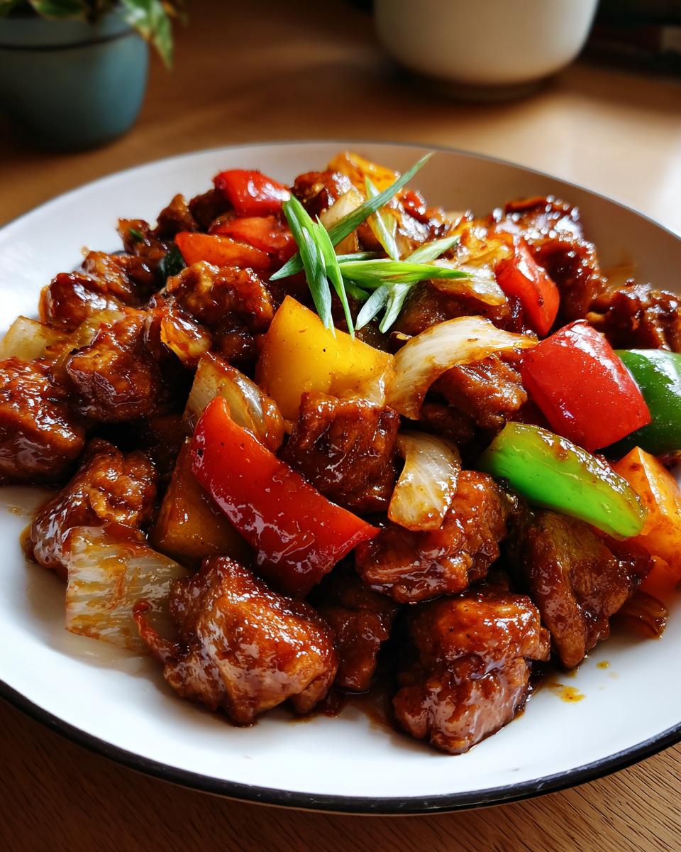 A vibrant plate of Easy Chicken Stir Fry with Veggies, featuring colorful bell peppers, onions, and tender chicken pieces.