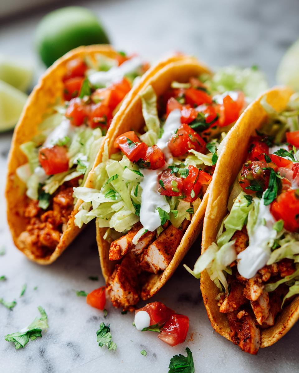 Three Easy Chicken Tacos filled with chicken, lettuce, tomato, and a creamy sauce. Lime wedges are in the background.