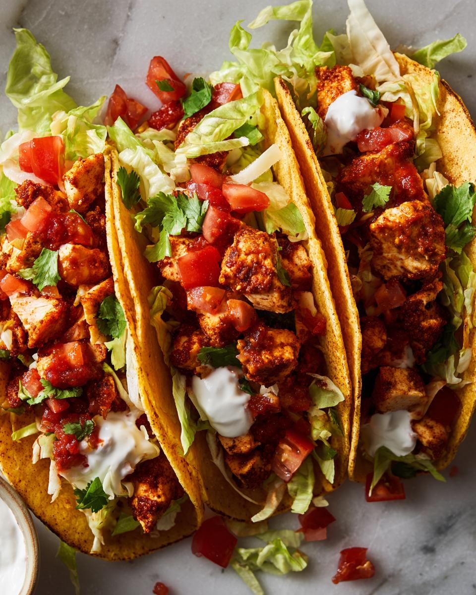 Overhead view of three Easy Chicken Tacos filled with chicken, lettuce, tomatoes, cilantro, and sour cream.