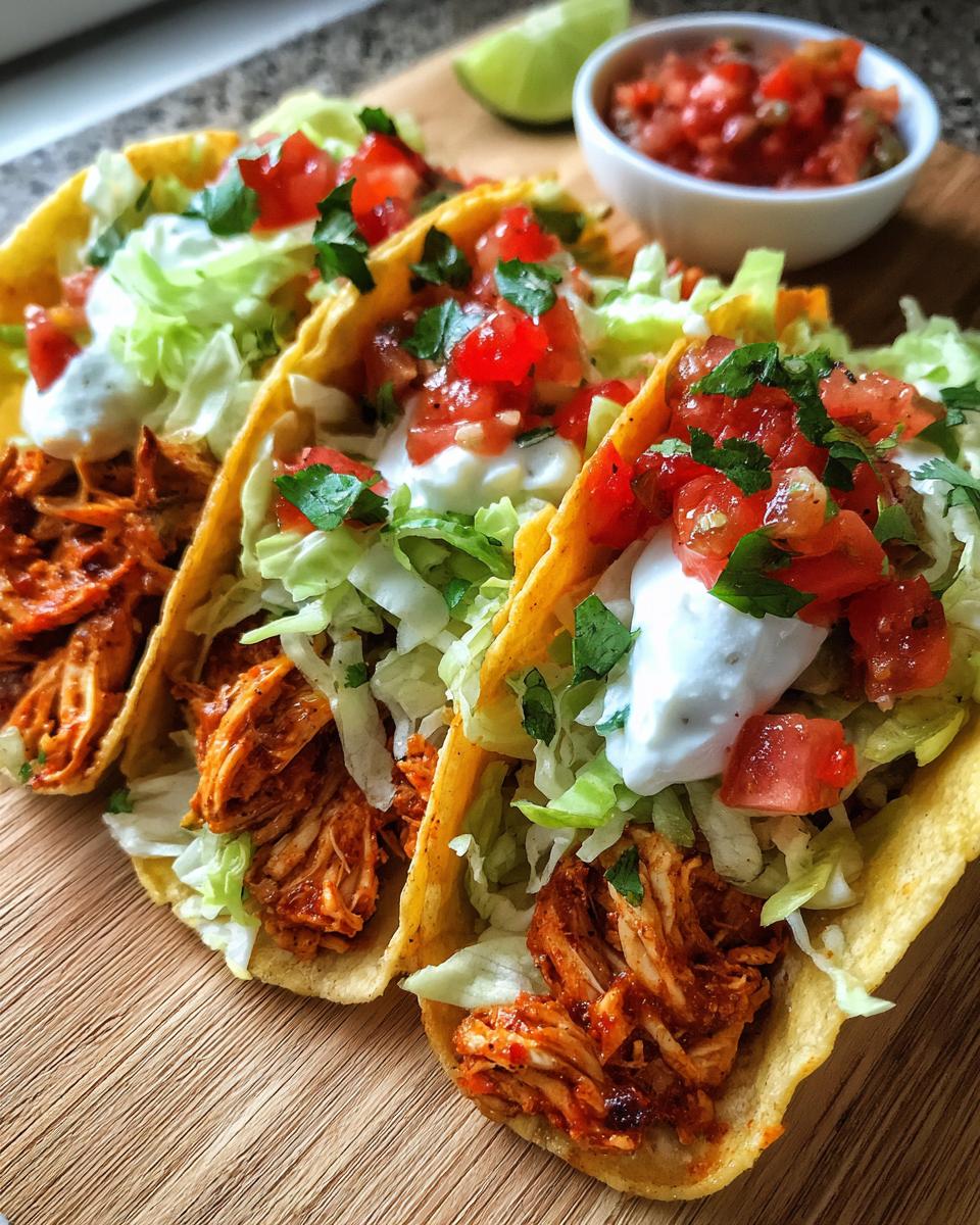 Three Easy Chicken Tacos filled with shredded chicken, lettuce, salsa, and sour cream, served with a lime wedge.