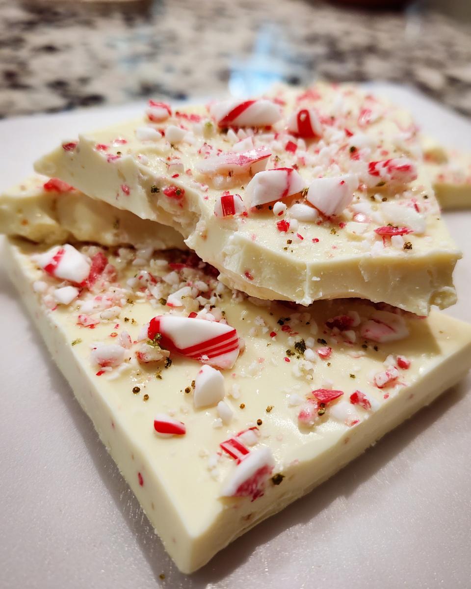 Stacked pieces of Easy Christmas Candy Bark, featuring white chocolate and peppermint candy.