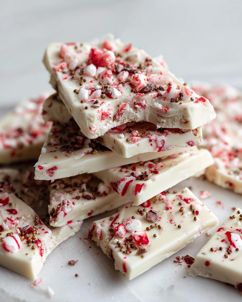 A stack of Easy Christmas Candy Bark pieces, topped with crushed peppermint and sprinkles.