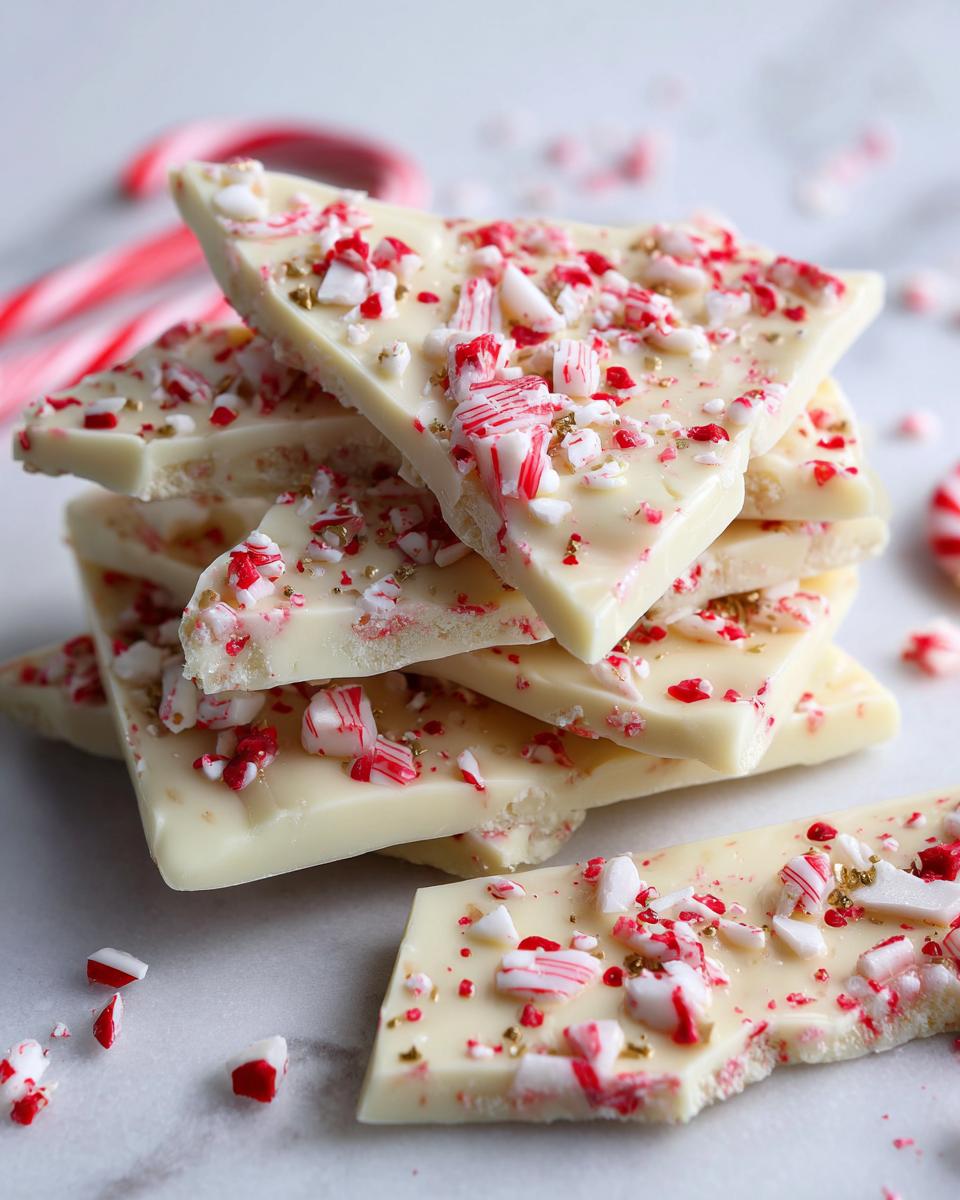 A stack of white Easy Christmas Candy Bark pieces, topped with crushed candy canes and gold sprinkles.