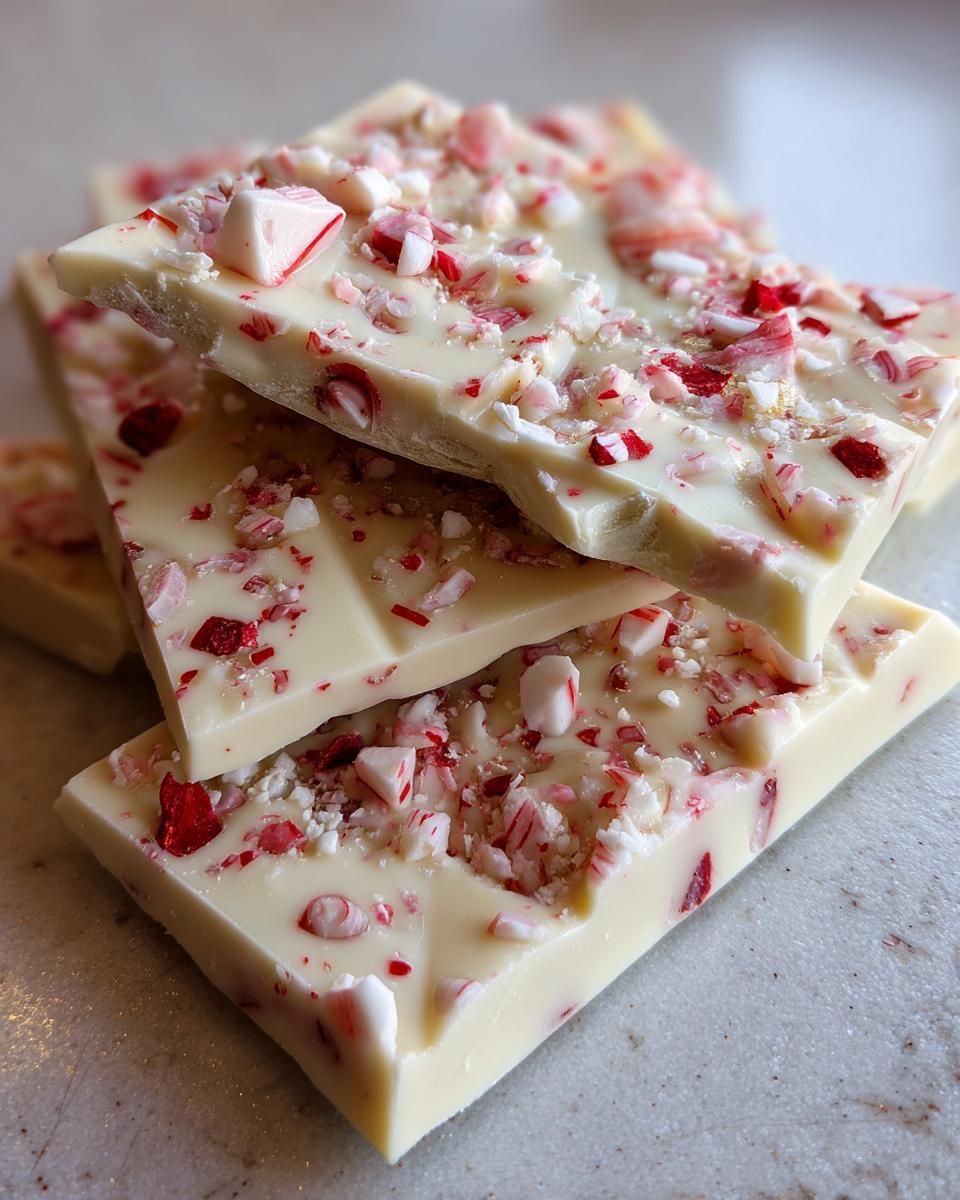 Close-up of stacked pieces of Easy Christmas Candy Bark, featuring white chocolate and crushed peppermint candies.