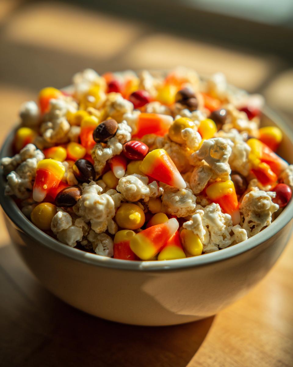A bowl filled with Easy Halloween Cereal Snack Mix, including popcorn, candy corn, and chocolate candies.