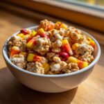 Bowl of Easy Halloween Cereal Snack Mix with candy corn, cereal, and red candies.