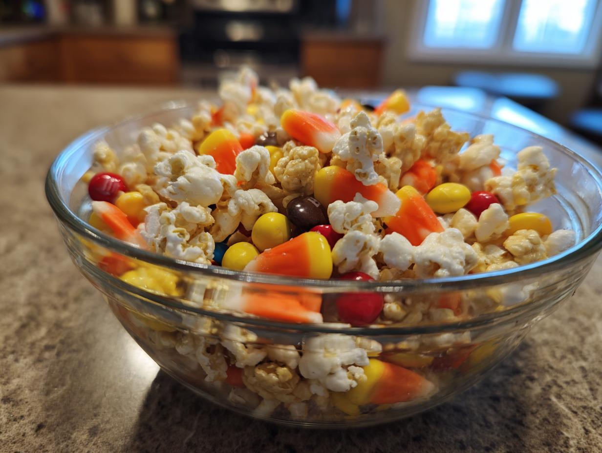 A clear bowl filled with Easy Halloween Cereal Snack Mix, featuring popcorn, candy corn, and colorful chocolate candies.