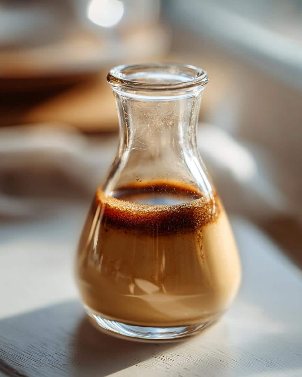 Close-up of Easy Holiday Irish Cream Recipe in a clear glass bottle, showing the layers of ingredients.