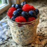 A glass jar filled with Easy Overnight Oats, topped with fresh blueberries, raspberries, and strawberries.