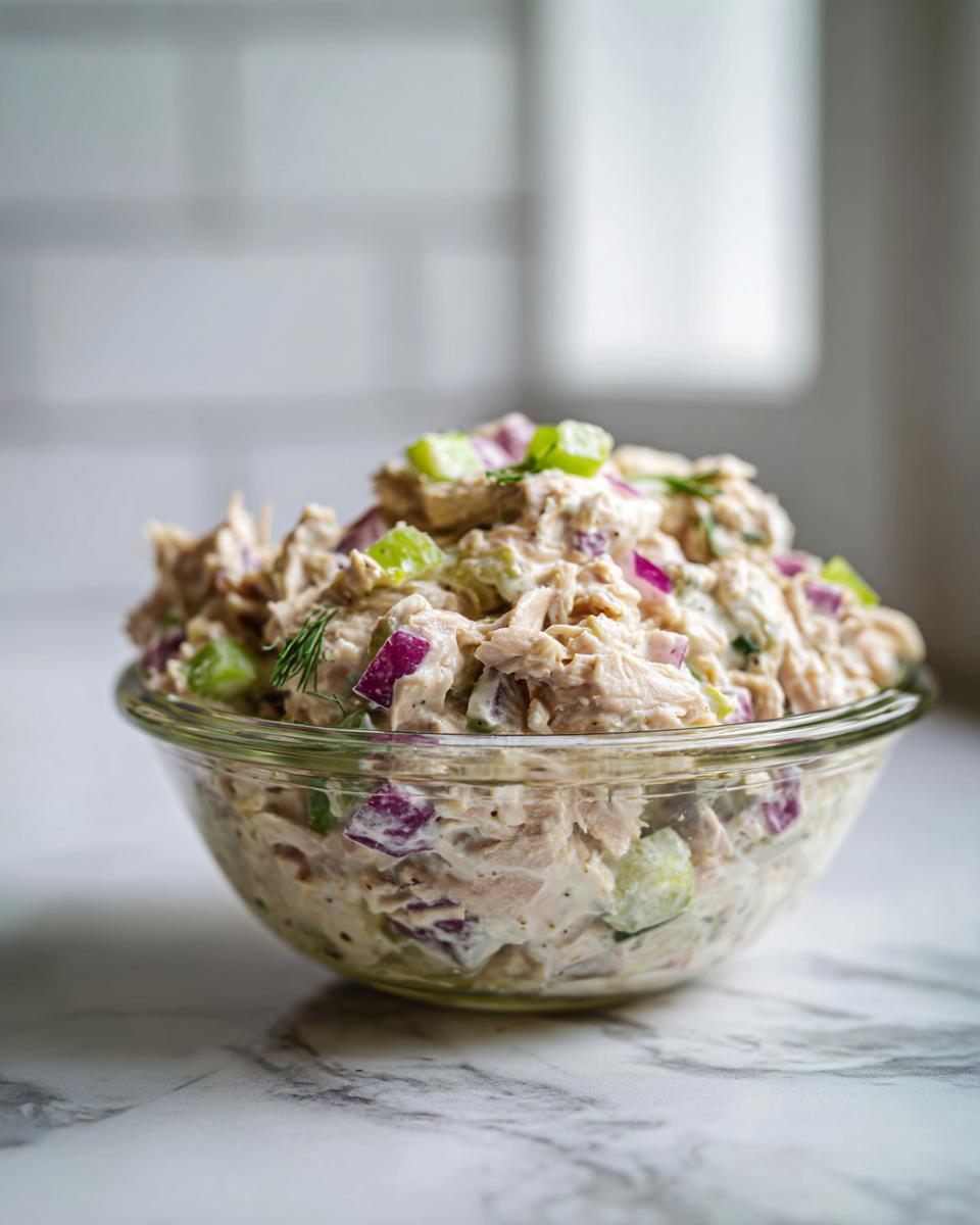 Close-up of Easy Tuna Salad Meal Prep in a glass bowl, showing tuna, celery, red onion, and dill.