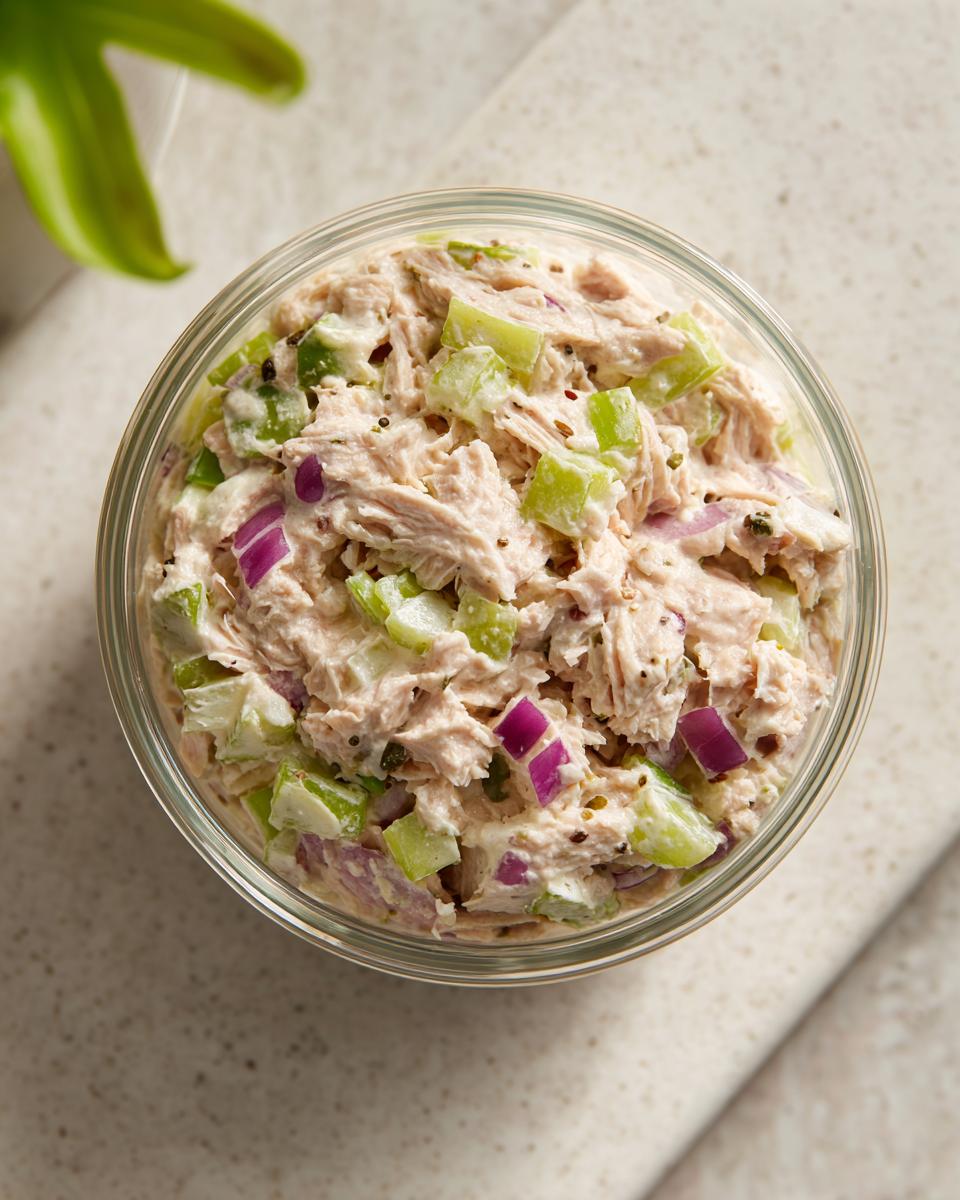 Overhead view of Easy Tuna Salad Meal Prep in a clear glass bowl, showing tuna, celery, and red onion.