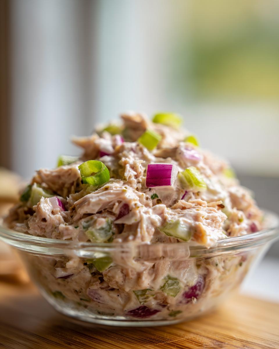Close-up of Easy Tuna Salad Meal Prep in a clear glass bowl, showing tuna, celery, and red onion.