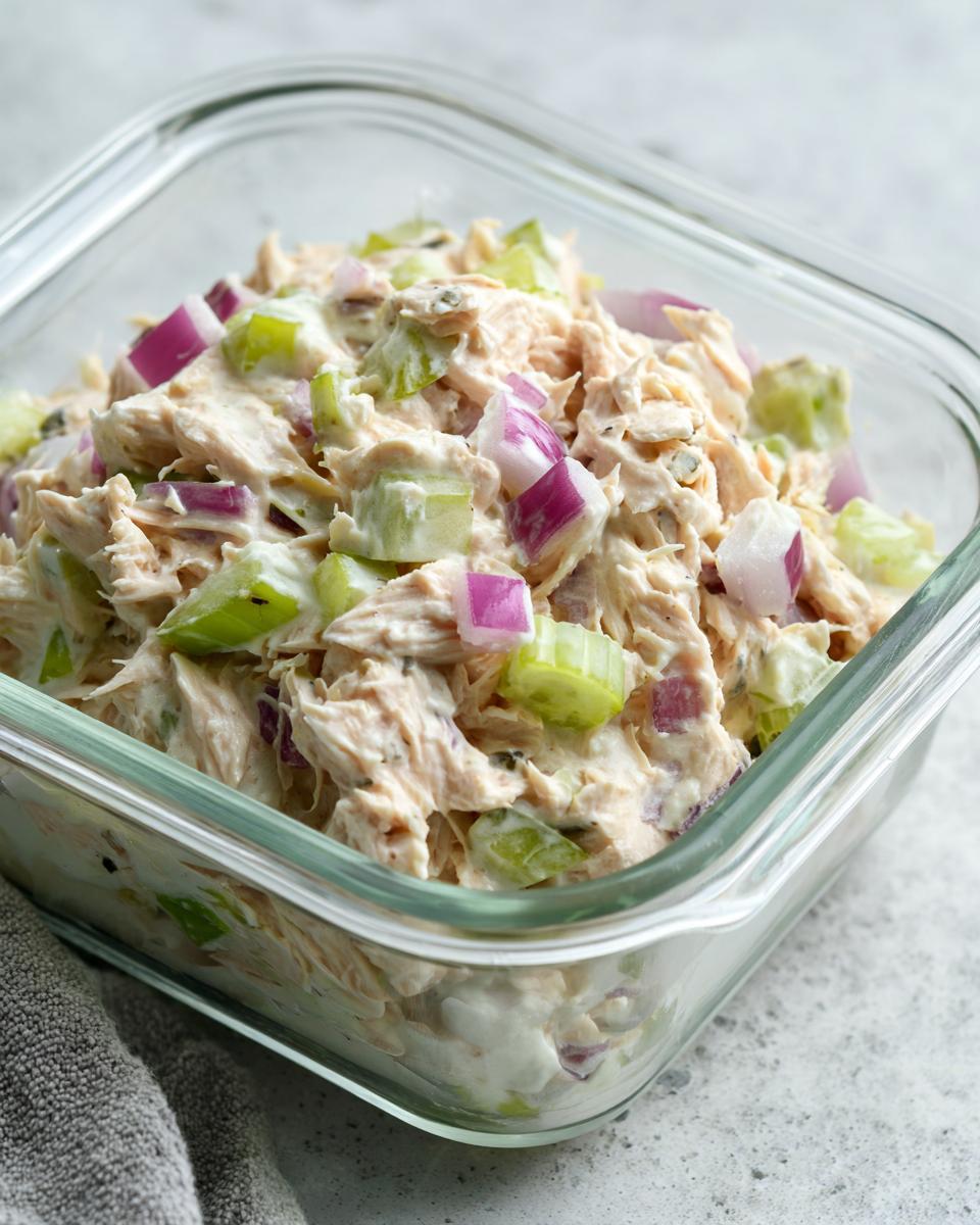 Close-up of Easy Tuna Salad Meal Prep in a glass container, showing tuna, celery, red onion, and creamy dressing.
