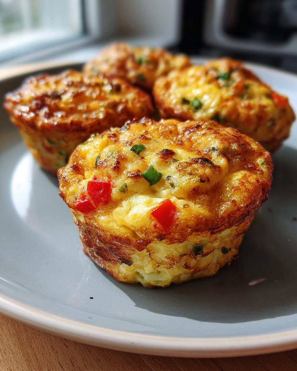 Four golden brown Egg Muffins for Meal Prep on a gray plate, featuring red pepper and green herbs.