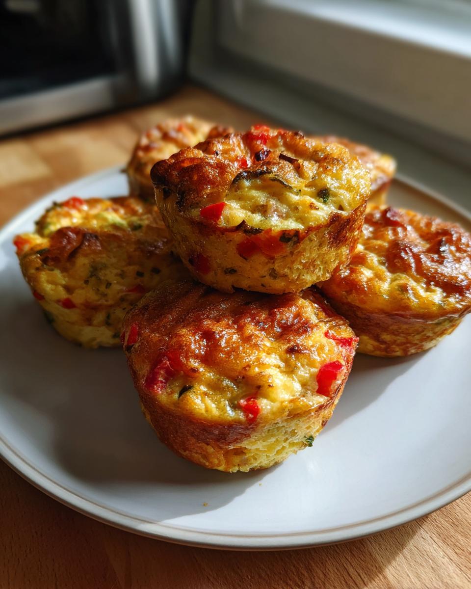 A stack of golden-brown Egg Muffins for Meal Prep, filled with vegetables, on a white plate.