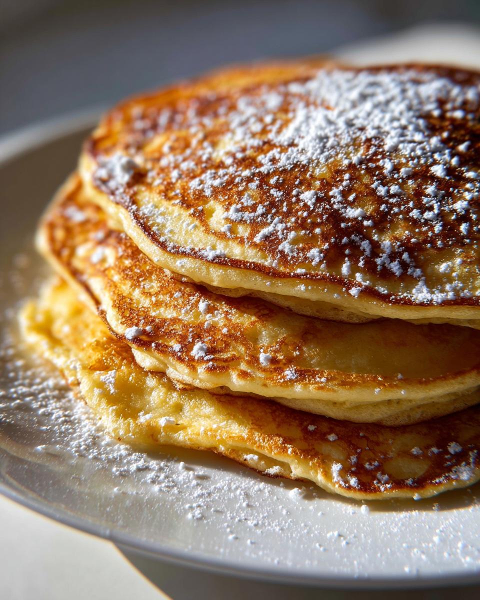 A stack of three Fluffy Pancakes from Scratch, dusted with powdered sugar on a white plate.