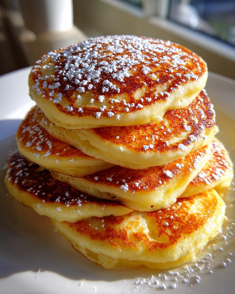A stack of golden brown Fluffy Pancakes from Scratch, dusted with powdered sugar on a white plate.