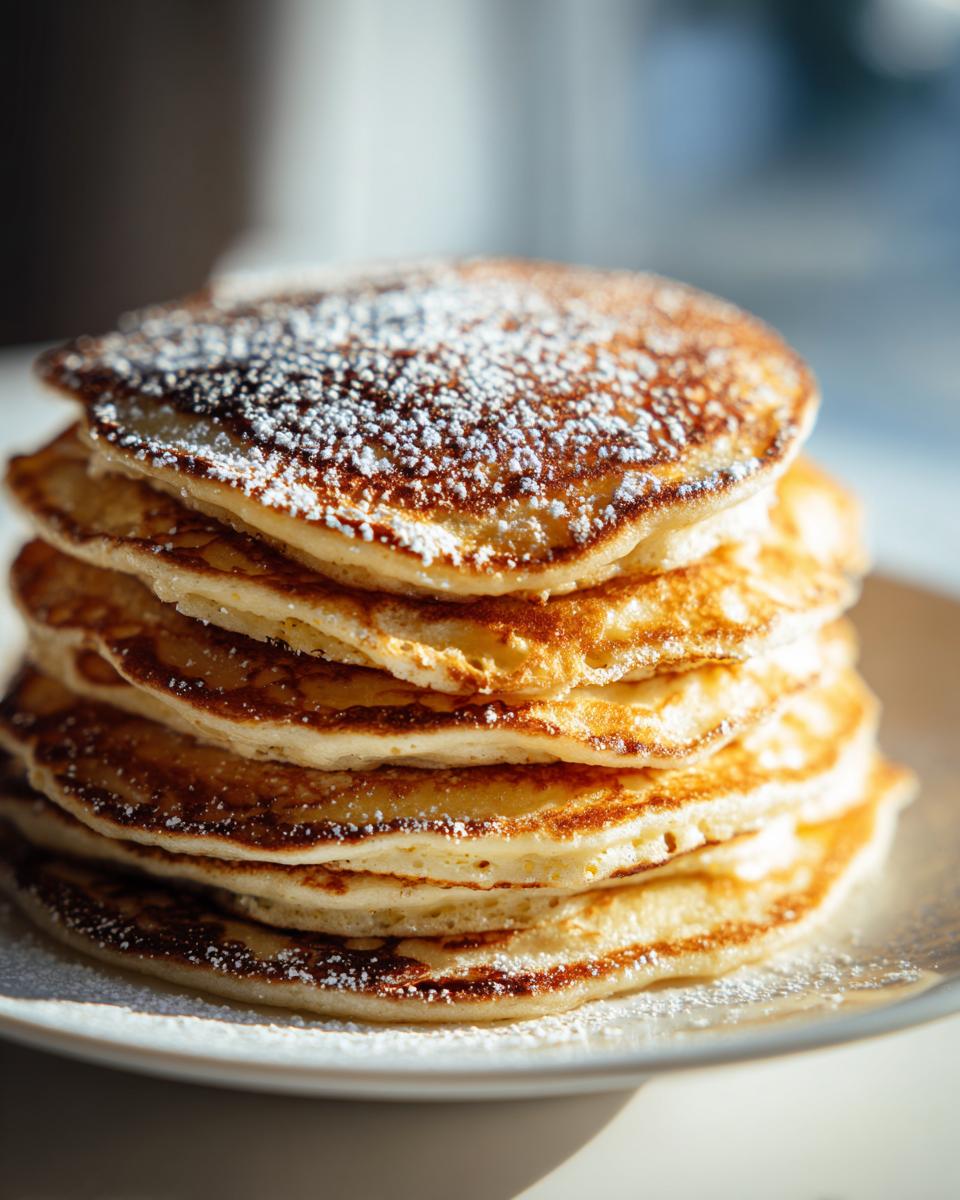 A tall stack of Fluffy Pancakes from Scratch, dusted with powdered sugar on a white plate.