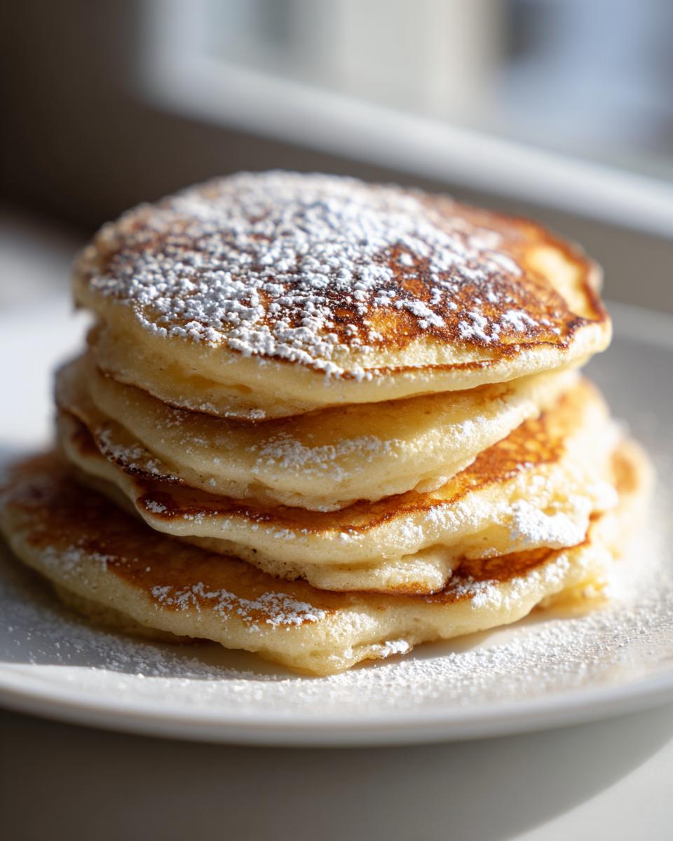 A stack of five fluffy pancakes from scratch, lightly dusted with powdered sugar on a white plate.