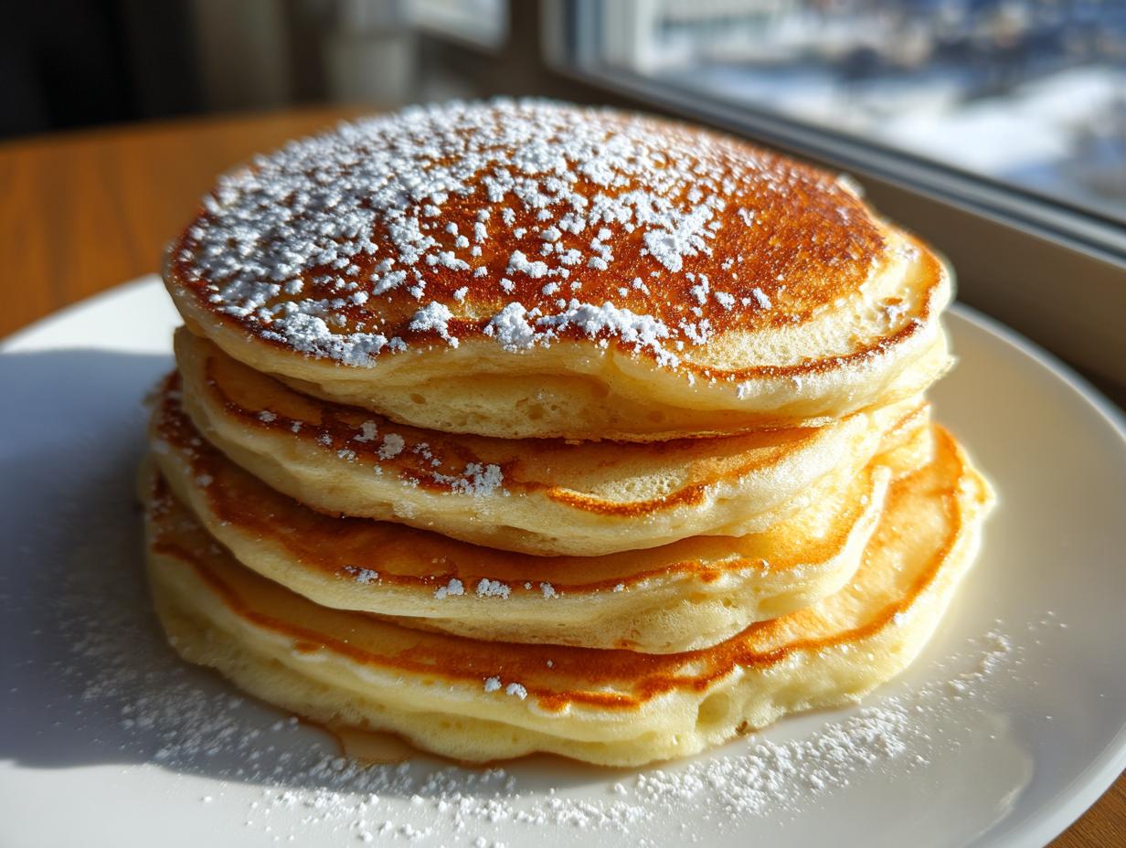 A stack of golden Fluffy Pancakes from Scratch, dusted with powdered sugar, sits on a white plate.