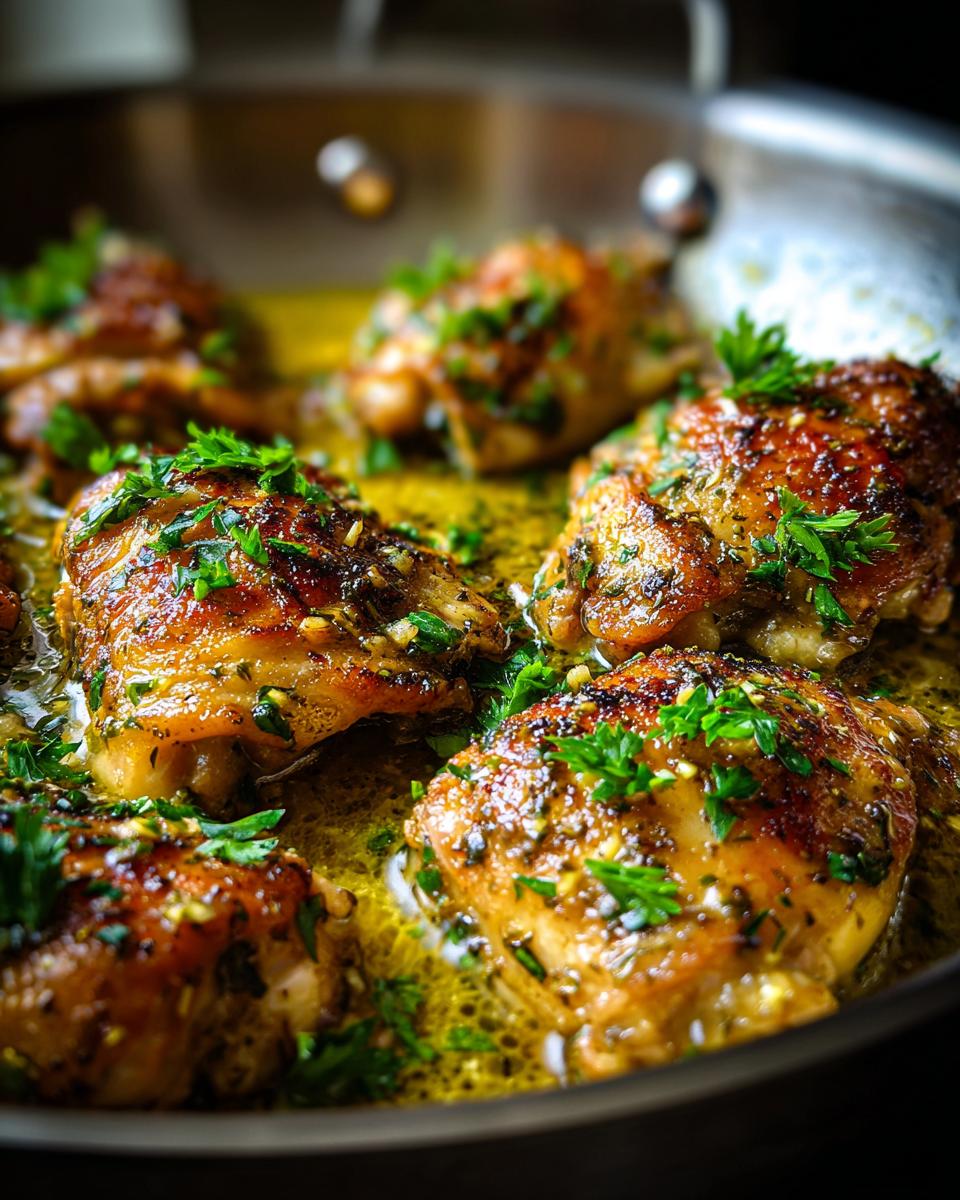 Close-up of Garlic Butter Chicken Thighs in a skillet, garnished with fresh parsley.